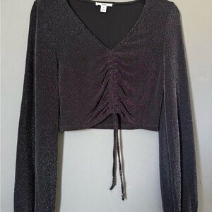 Bar III Shimmery Black Ruched V-Neck Blouse